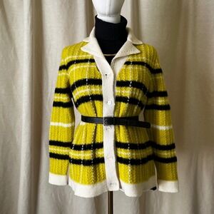 Vintage 1960s Selma Milano Mohair‎ Plaid Cardigan Sweater Yellow Black Large